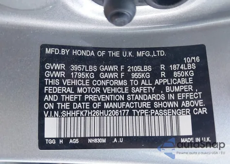 2017 Honda Civic Lx из США, поврежденный, VIN SHHFK7H26HU206177